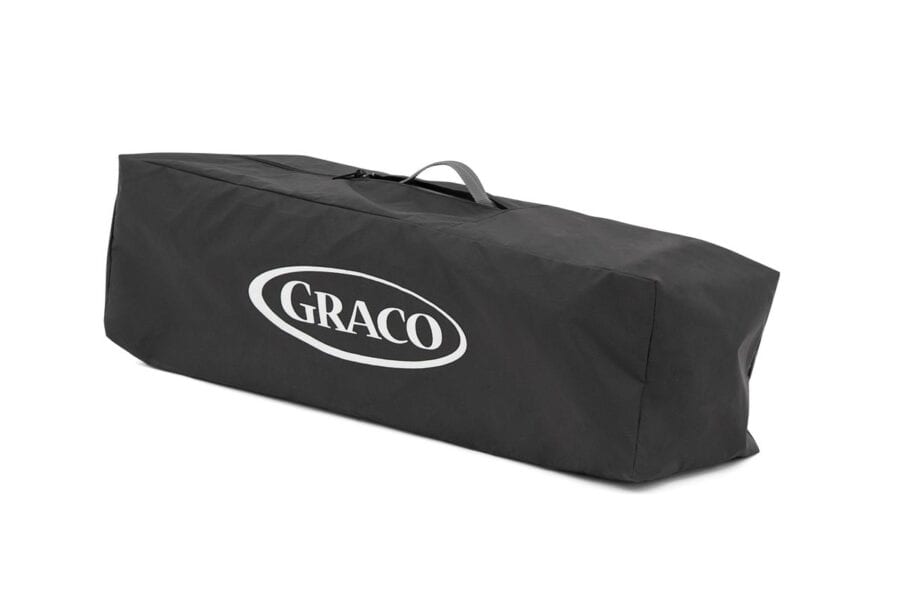 Black carry case with Graco logo, designed for transporting a Graco travel cot.