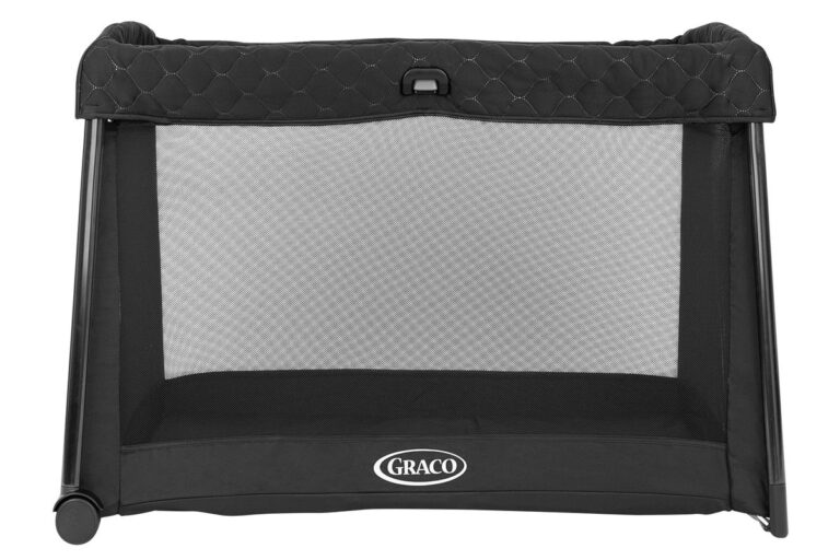 Graco FoldLite LX Travel Cot in black with mesh sides and a quilted top rim, featuring the Graco logo at the bottom centre.