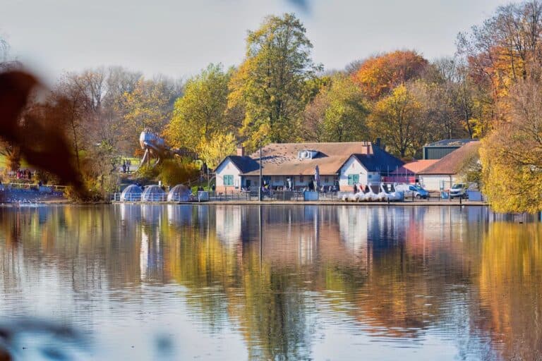 Restaurant by the lake at Heaton Park in Manchester.