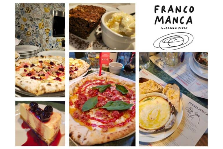 Franco Manca King Street Manchester review collage showing sourdough pizzas, truffle fonduta starter, chocolate dessert and cheesecake.