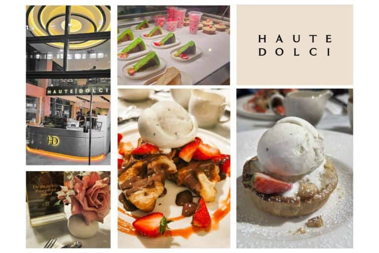 Haute Dolci Deansgate Manchester collage showing the entrance, dessert counter, Strawberry et Chocolat croffle, apple crumble and table decor.