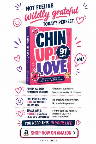 Promotional sidebar image for Chin Up, Love, a funny guided gratitude journal with a pink book cover, playful hearts, biscuit and brew illustrations, and a Shop Now on Amazon button.