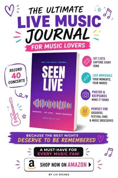 Promotional sidebar graphic for Seen Live, a live music journal for music lovers, showing the purple and pink paperback cover with concert, set list and music memory details, plus a Shop Now on Amazon button.