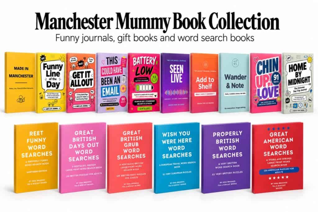 Manchester Mummy Book Collection featuring funny journals, travel journals and colourful British and American word search books.