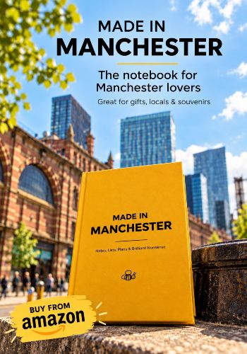 Made in Manchester gold notebook displayed against a Manchester city backdrop with a Buy from Amazon badge.